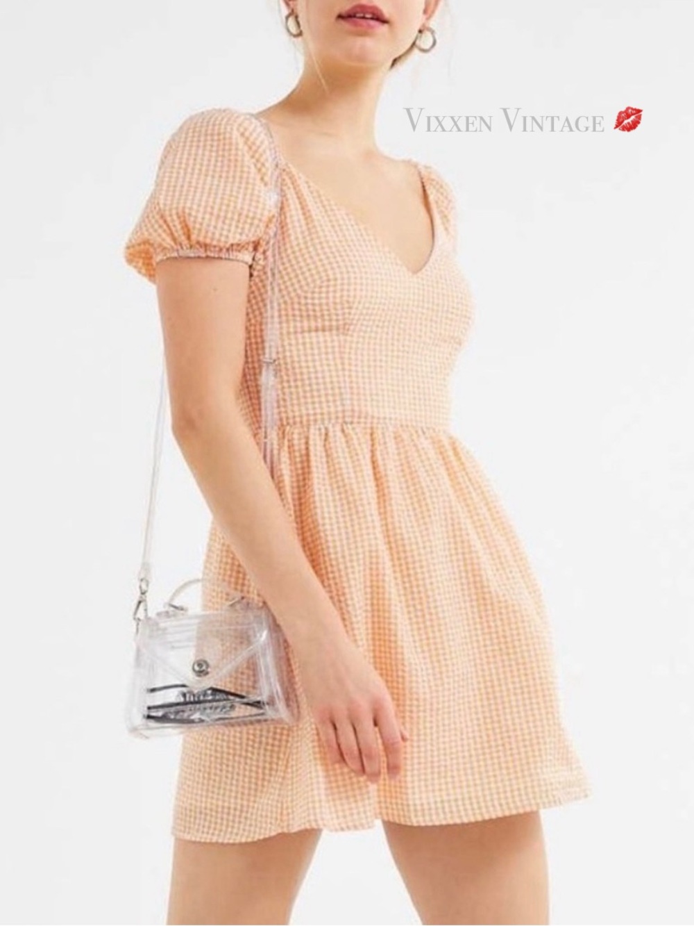 URBAN OUTFITTERS ‘GINGHAM SEERSUCKER PUFF SLEEVE MINI DRESS’ IN ORANGE WHITE